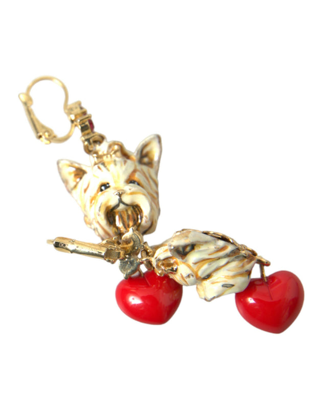 Gold Brass Heart Dog Red Crystal Dangling Earrings Dolce & Gabbana