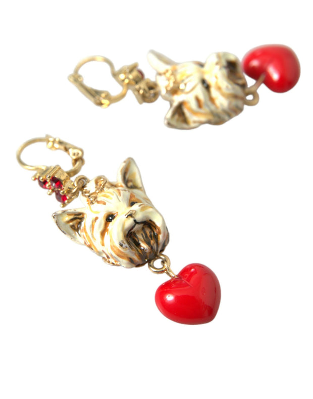 Gold Brass Heart Dog Red Crystal Dangling Earrings Dolce & Gabbana