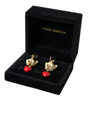 Gold Brass Heart Dog Red Crystal Dangling Earrings Dolce & Gabbana