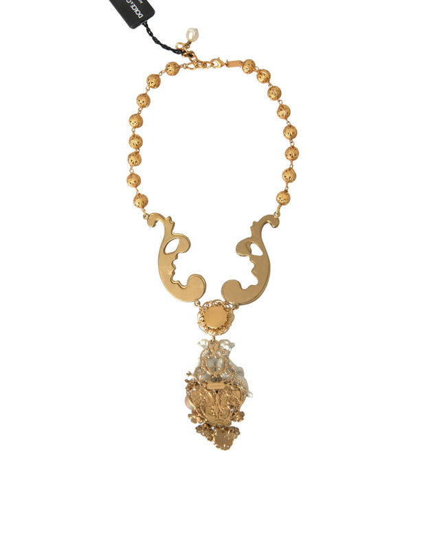 Gold Brass Angel Floral Beaded Embellished Necklace Dolce & Gabbana