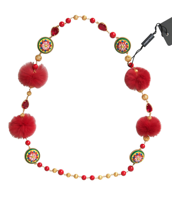 Gold Brass Red Fur Crystal Carretto Chain Necklace Dolce & Gabbana