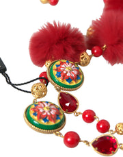 Gold Brass Red Fur Crystal Carretto Chain Necklace Dolce & Gabbana