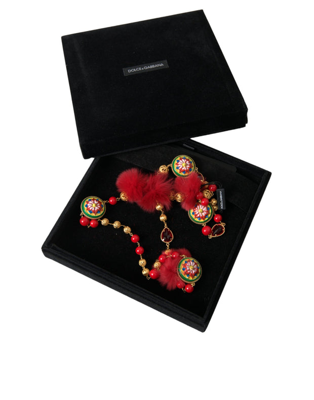 Gold Brass Red Fur Crystal Carretto Chain Necklace Dolce & Gabbana