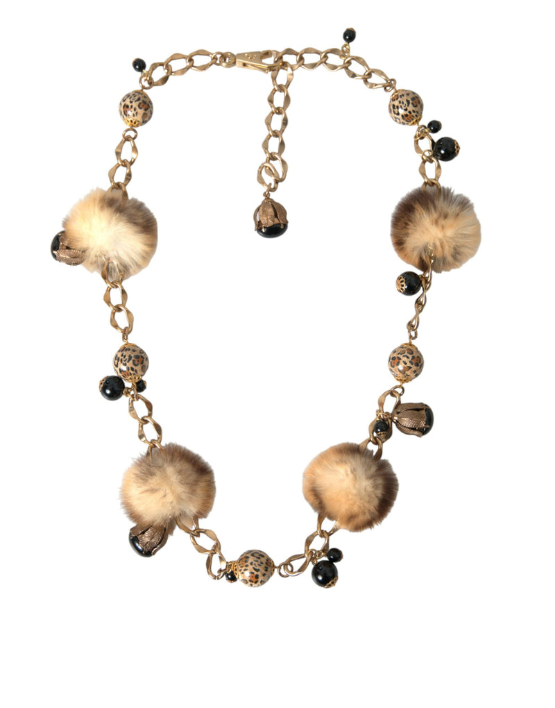 Gold Brass Leopard Fur Pearl Collier Chain Belt Dolce & Gabbana