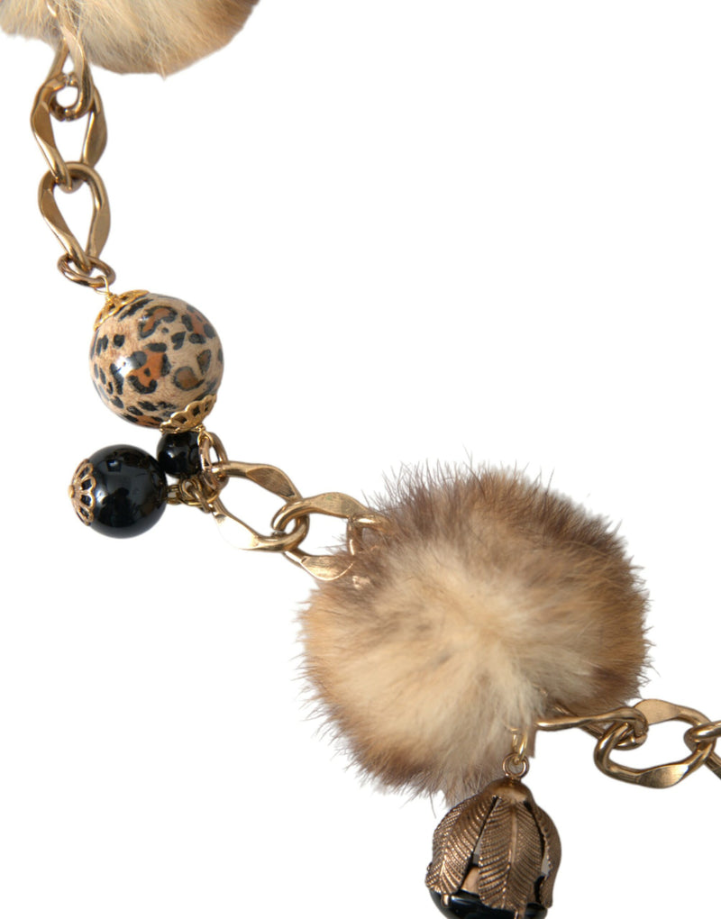 Gold Brass Leopard Fur Pearl Collier Chain Belt Dolce & Gabbana