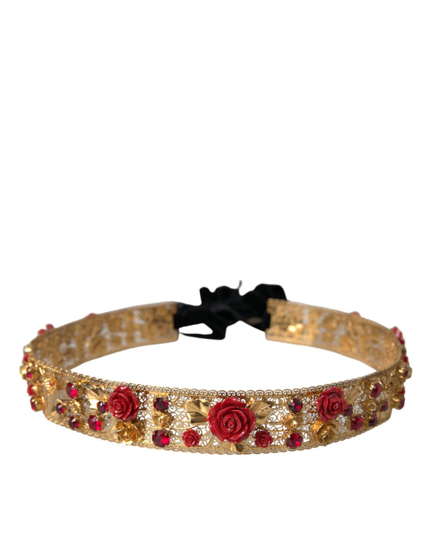 Gold Brass Red Roses Crystal Jewel Waist Belt Dolce & Gabbana