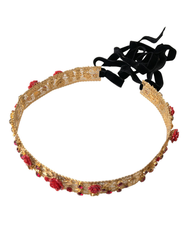 Gold Brass Red Roses Crystal Jewel Waist Belt Dolce & Gabbana