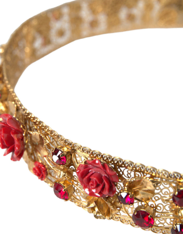 Gold Brass Red Roses Crystal Jewel Waist Belt Dolce & Gabbana