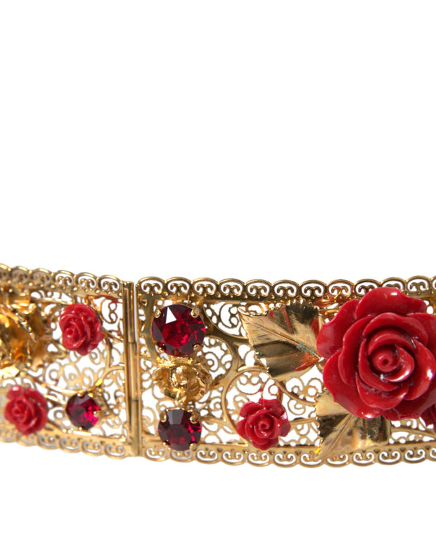 Gold Brass Red Roses Crystal Jewel Waist Belt Dolce & Gabbana