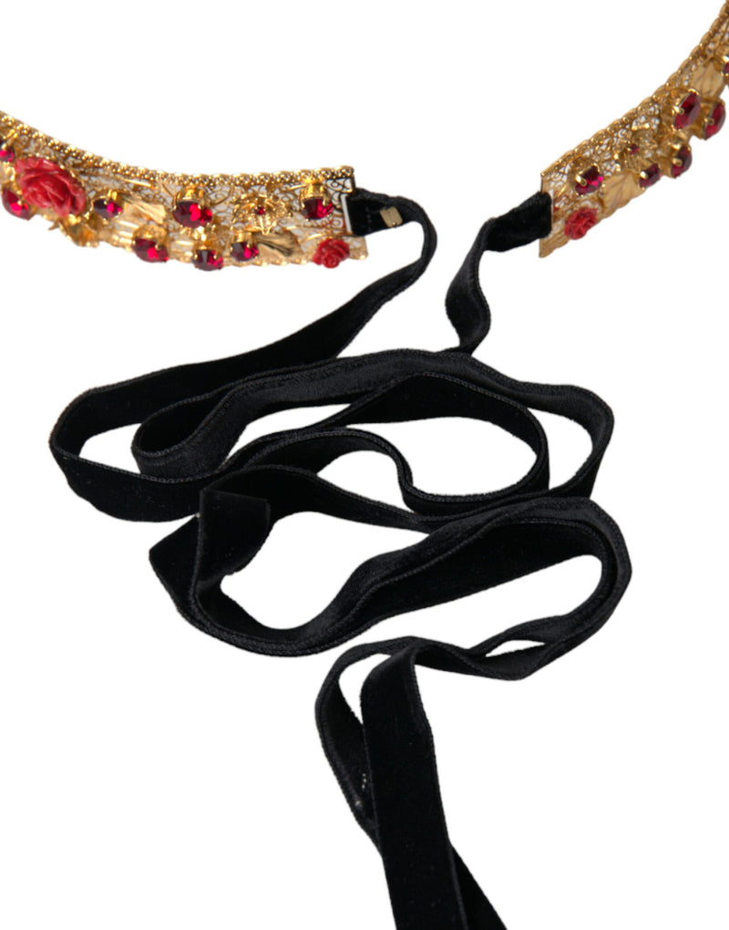 Gold Brass Red Roses Crystal Jewel Waist Belt Dolce & Gabbana