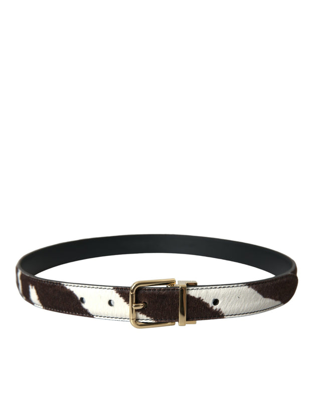 Brown White Zebra Pony Hair Gold Buckle Belt Dolce & Gabbana