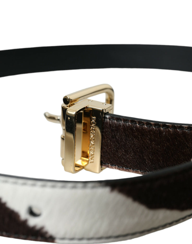 Brown White Zebra Pony Hair Gold Buckle Belt Dolce & Gabbana