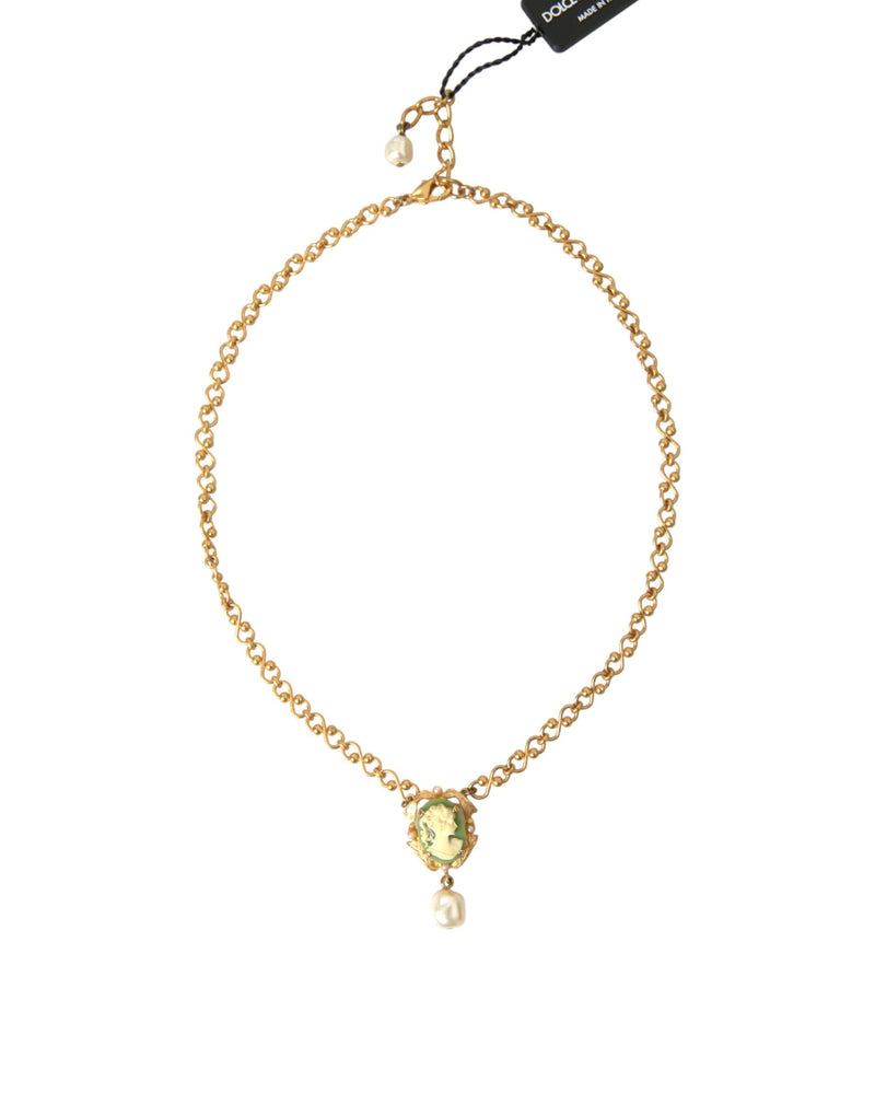 Gold Brass Chain Pearl Pendant Charm Necklace Dolce & Gabbana