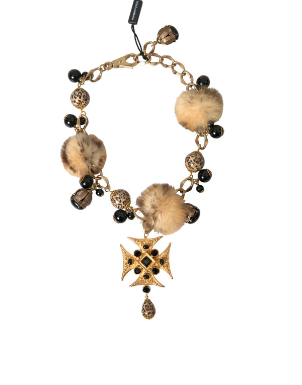 Gold Black Crystals Lapin Fur Filigree Chocker Necklace Dolce & Gabbana