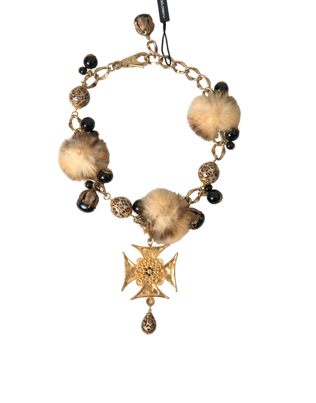 Gold Black Crystals Lapin Fur Filigree Chocker Necklace Dolce & Gabbana