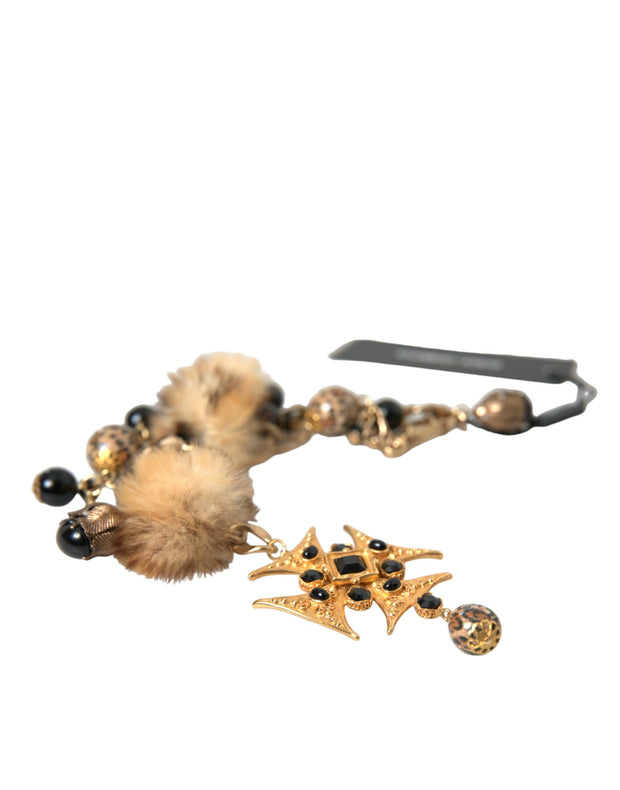 Gold Black Crystals Lapin Fur Filigree Chocker Necklace Dolce & Gabbana