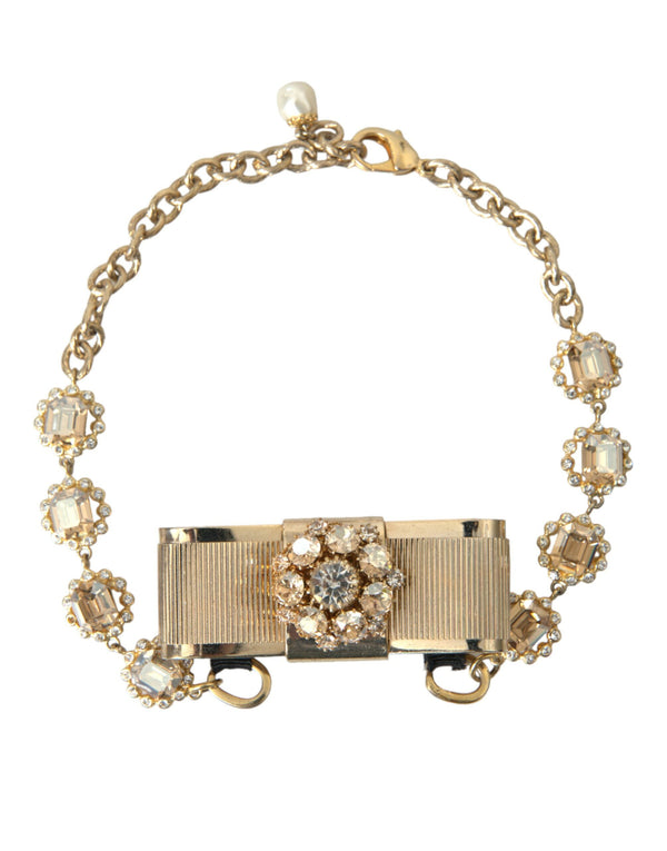 Gold Brass Clear Crystal Bow Chain Choker Necklace Dolce & Gabbana