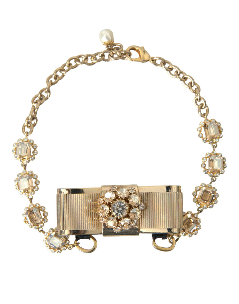 Gold Brass Clear Crystal Bow Chain Choker Necklace Dolce & Gabbana