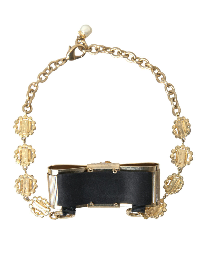 Gold Brass Clear Crystal Bow Chain Choker Necklace Dolce & Gabbana