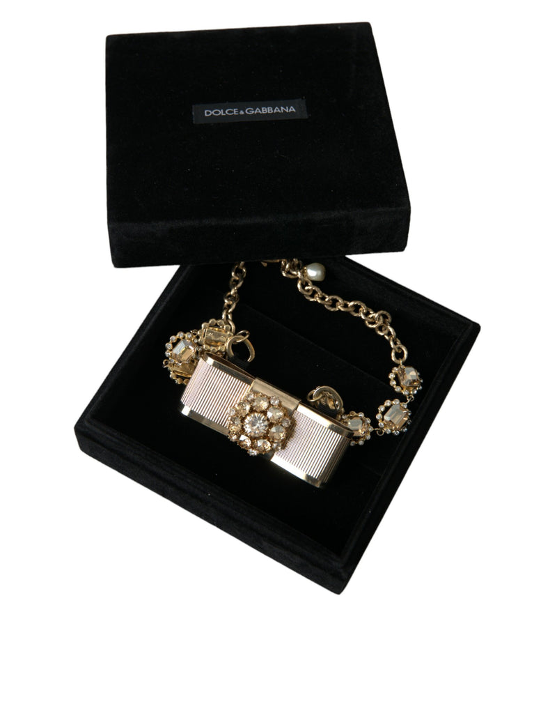 Gold Brass Clear Crystal Bow Chain Choker Necklace Dolce & Gabbana