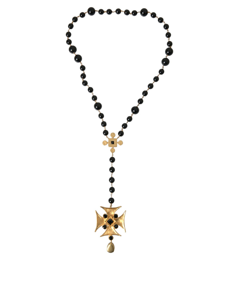 Gold Tone Brass Cross Black Beaded Chain Rosary Necklace Dolce & Gabbana