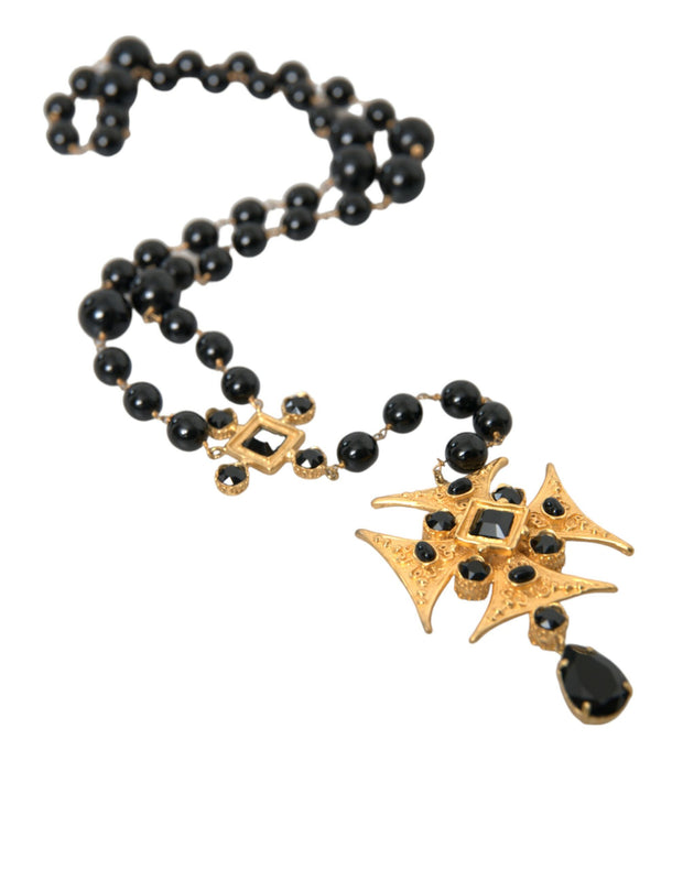 Gold Tone Brass Cross Black Beaded Chain Rosary Necklace Dolce & Gabbana