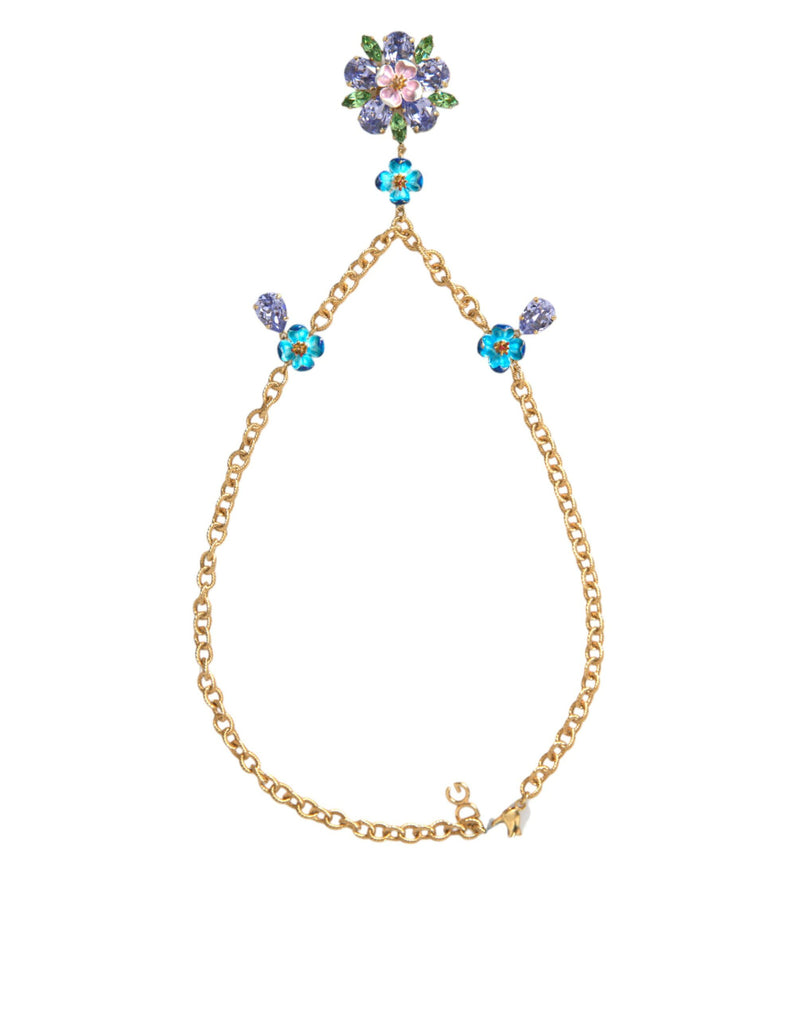 Gold Brass Chain Crystal Floral Pendant Charm Necklace Dolce & Gabbana