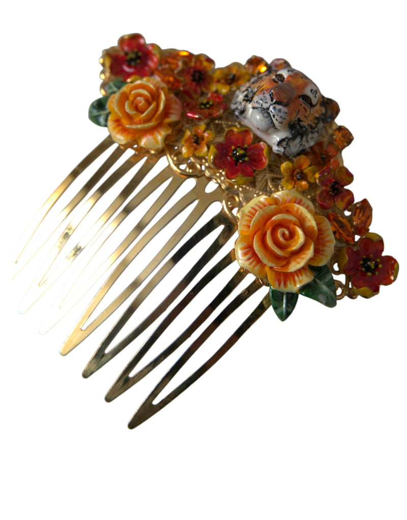 Gold Brass Crystal Leopard Floral Hair Comb Dolce & Gabbana