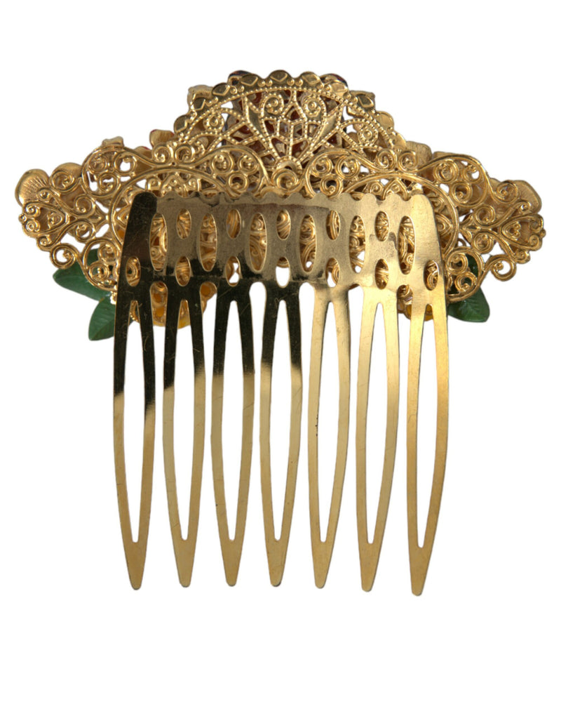 Gold Brass Crystal Leopard Floral Hair Comb Dolce & Gabbana