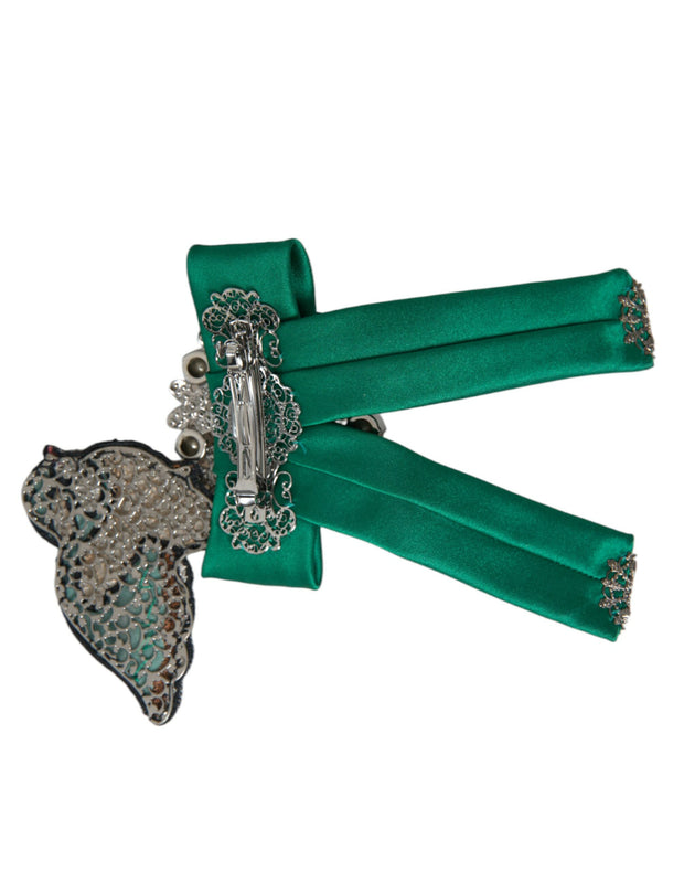 Green Satin Bird Crystal Women Hair Clip Dolce & Gabbana