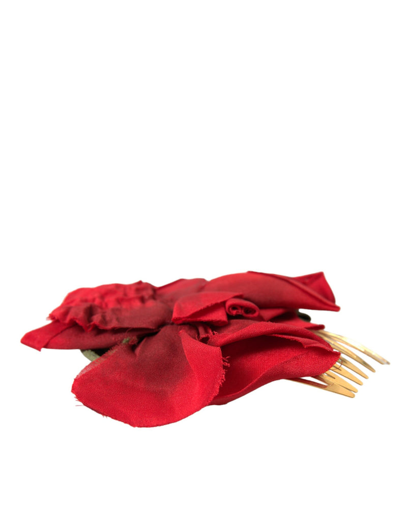 Red Silk Floral Gold Brass Women Hair Comb Dolce & Gabbana