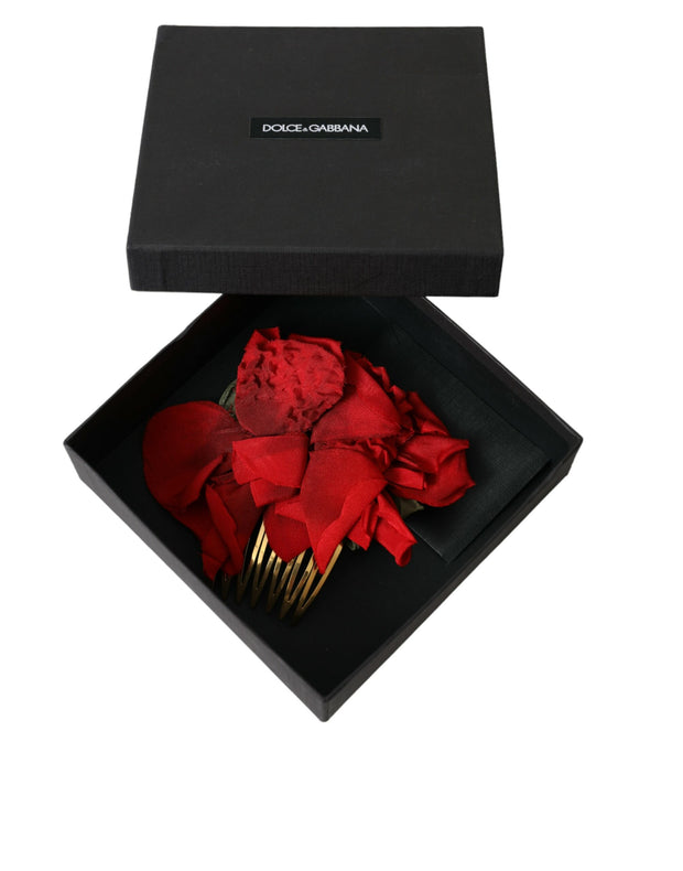 Red Silk Floral Gold Brass Women Hair Comb Dolce & Gabbana