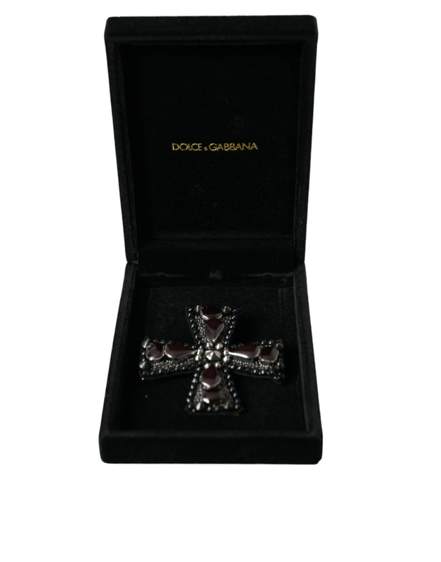 Black Crystals Embellished Cross Pin Brooch Dolce & Gabbana