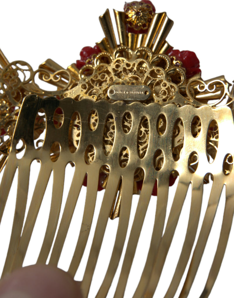 Gold Brass Crystal Heart Floral Hair Comb Dolce & Gabbana