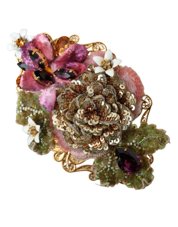 Gold Brass Floral Crystal Sequined Hair Clip Dolce & Gabbana