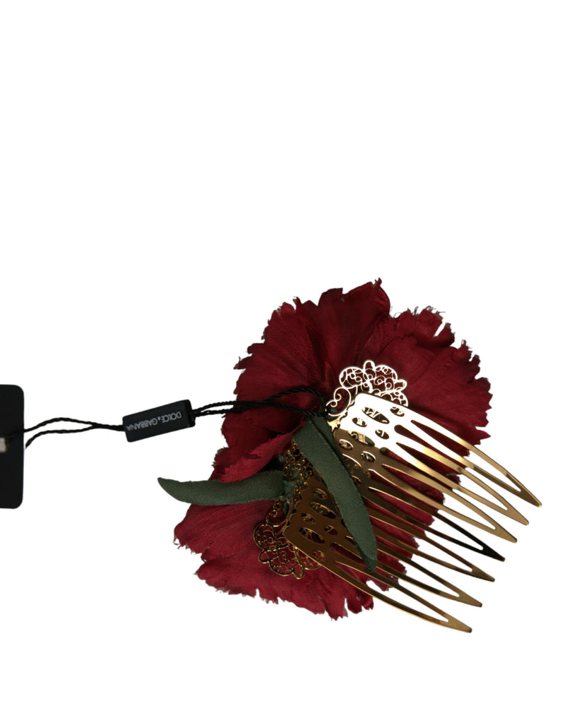 Red Silk Floral Gold Brass Women Hair Comb Dolce & Gabbana