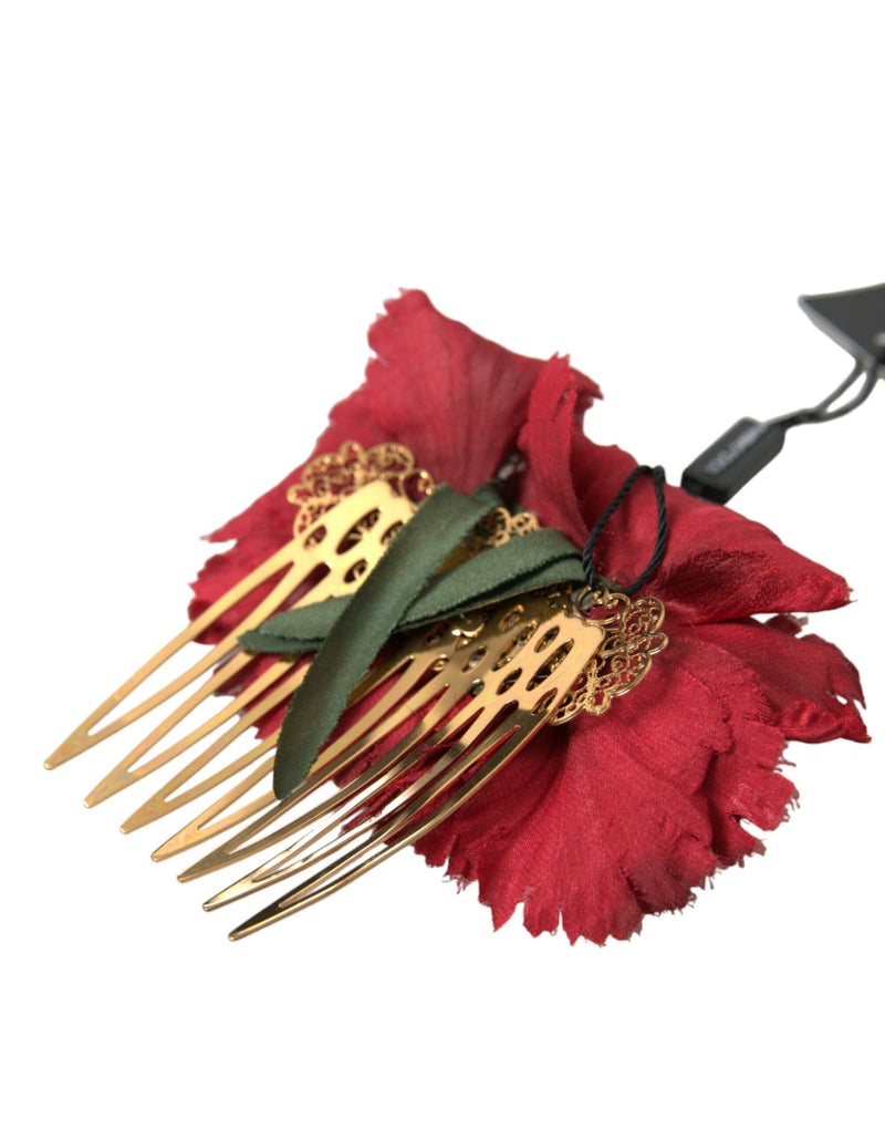 Red Silk Floral Gold Brass Women Hair Comb Dolce & Gabbana