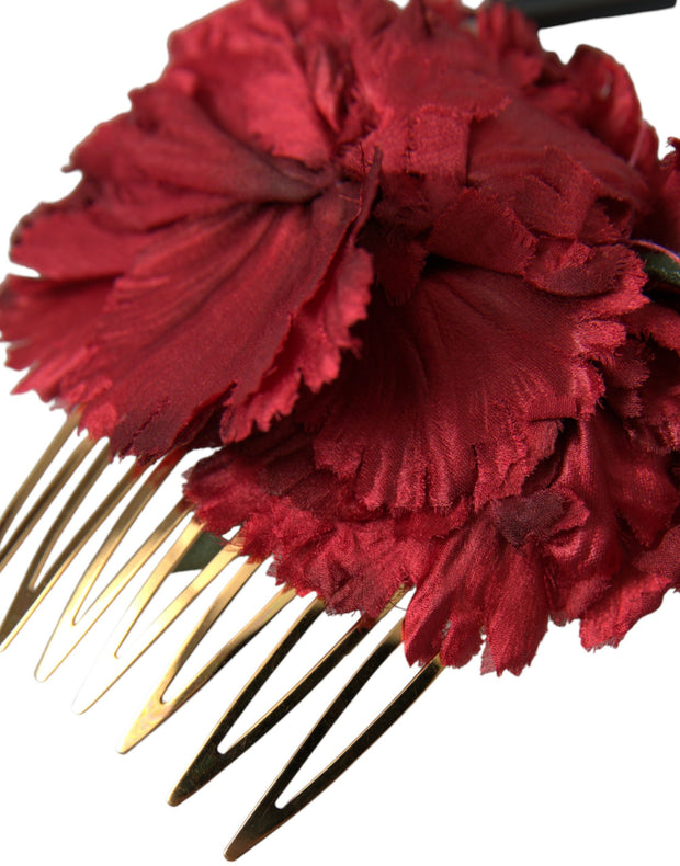 Red Silk Floral Gold Brass Women Hair Comb Dolce & Gabbana