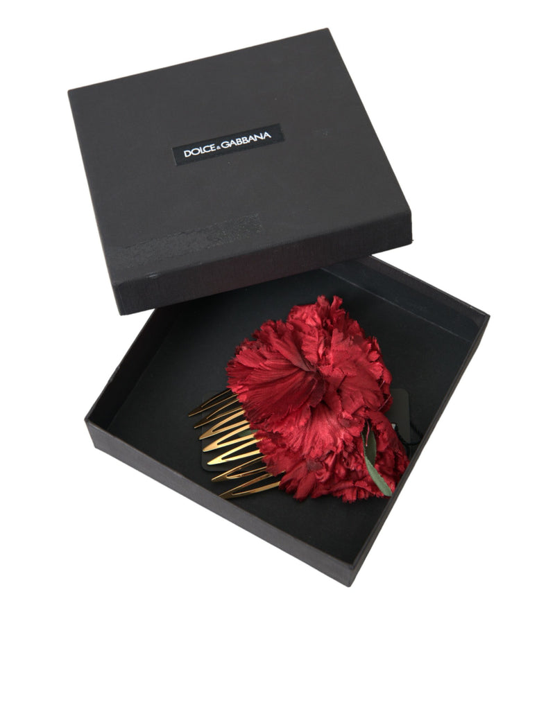 Red Silk Floral Gold Brass Women Hair Comb Dolce & Gabbana