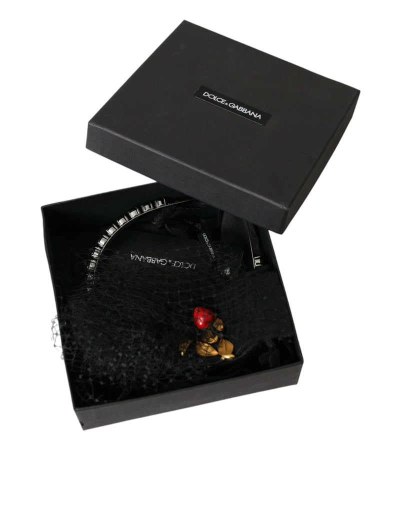 Black Strawberry Sicily Crystal Mesh Net Headband Diadem Dolce & Gabbana