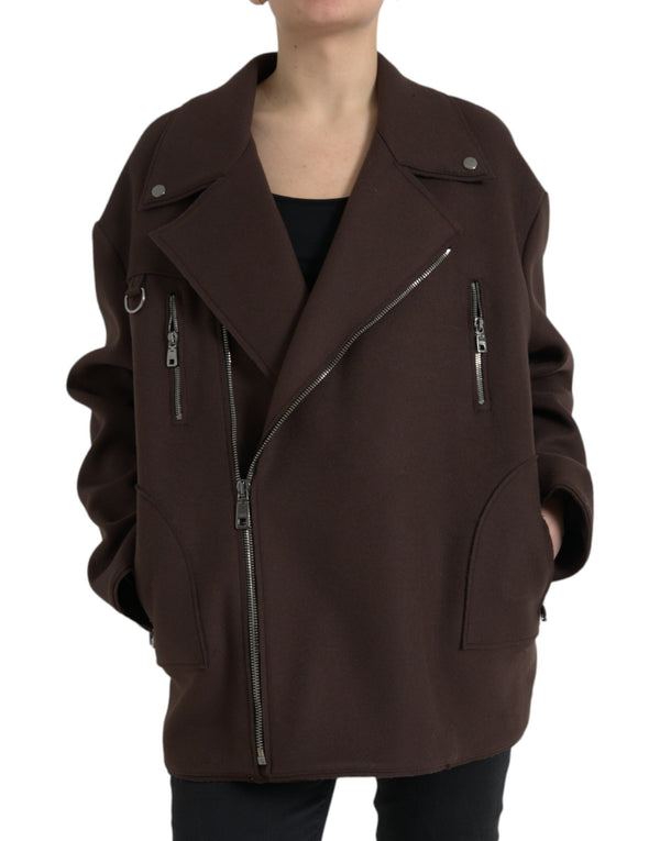 Brown Coat Short Biker Wool Jacket Dolce & Gabbana