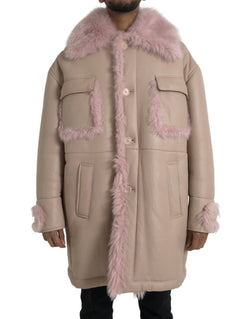 Beige Pink Lamb Leather Shearling Coat Jacket Dolce & Gabbana