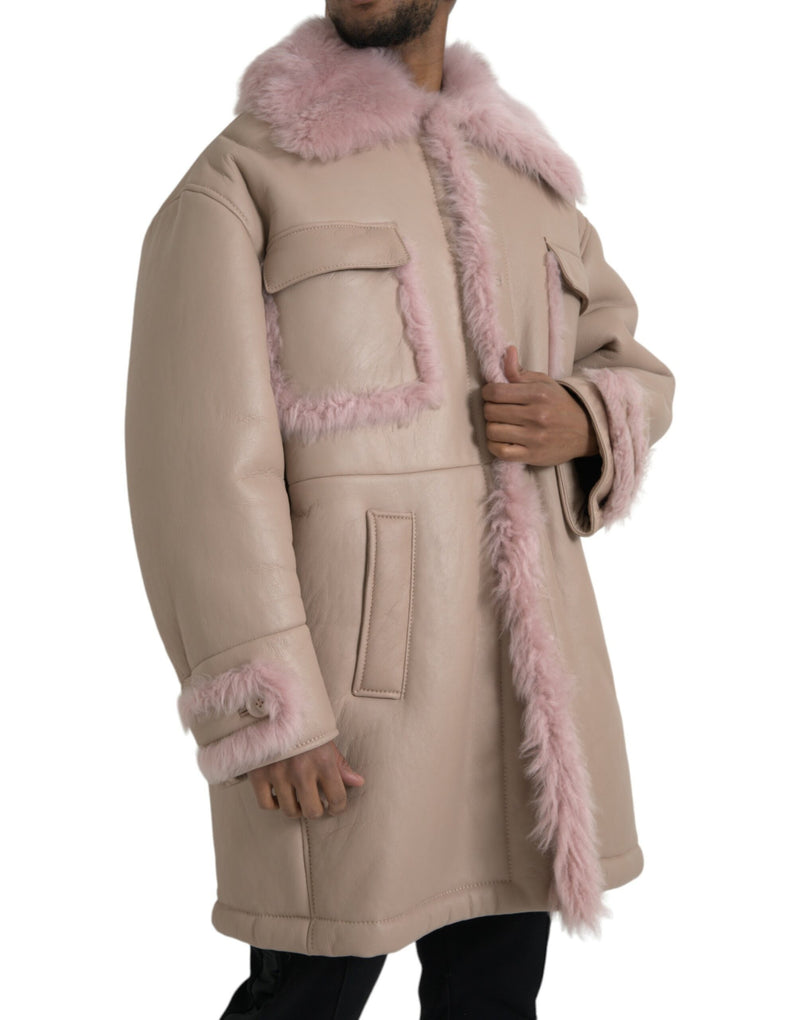 Beige Pink Lamb Leather Shearling Coat Jacket Dolce & Gabbana