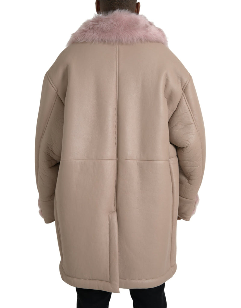 Beige Pink Lamb Leather Shearling Coat Jacket Dolce & Gabbana