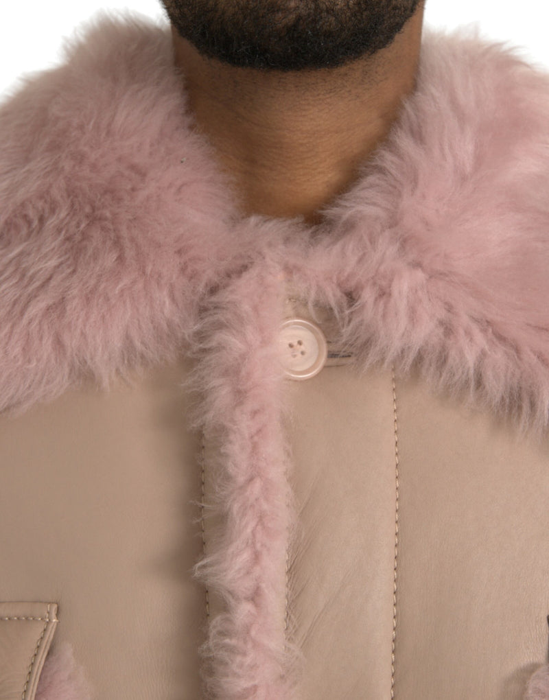 Beige Pink Lamb Leather Shearling Coat Jacket Dolce & Gabbana