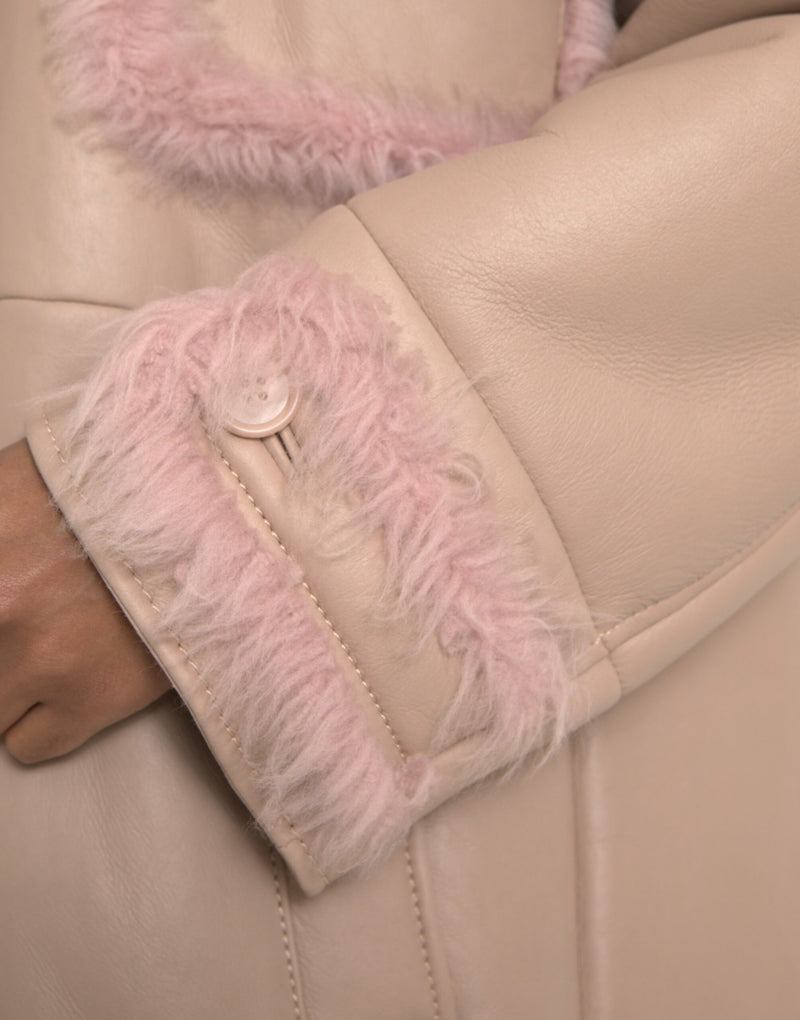 Beige Pink Lamb Leather Shearling Coat Jacket Dolce & Gabbana