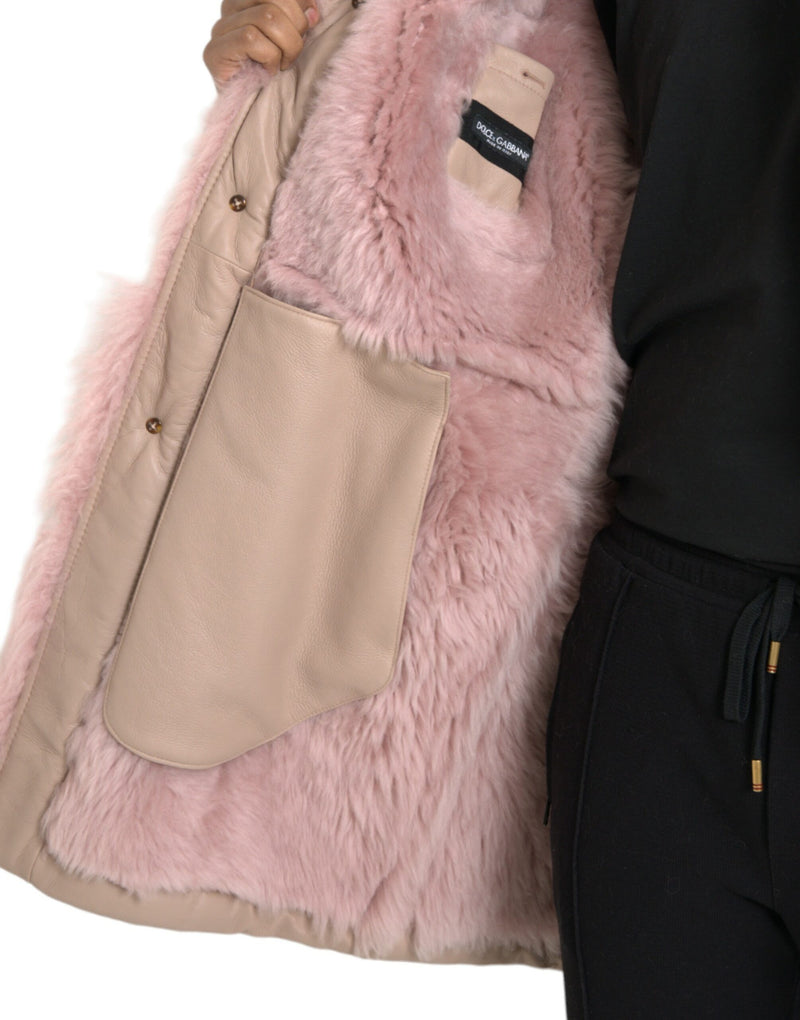 Beige Pink Lamb Leather Shearling Coat Jacket Dolce & Gabbana