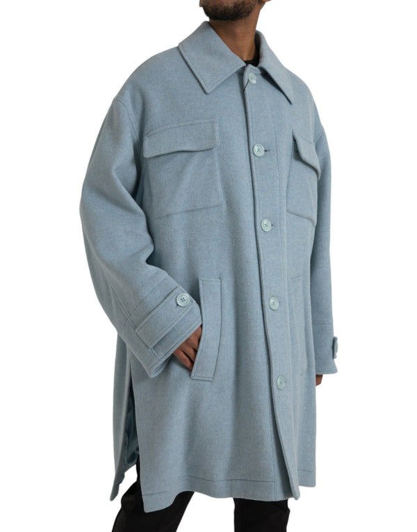 Light Blue Wool Button Trench Coat Jacket Dolce & Gabbana