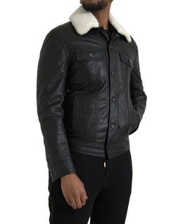 Black Leather Fur Collar Biker Coat Jacket Dolce & Gabbana