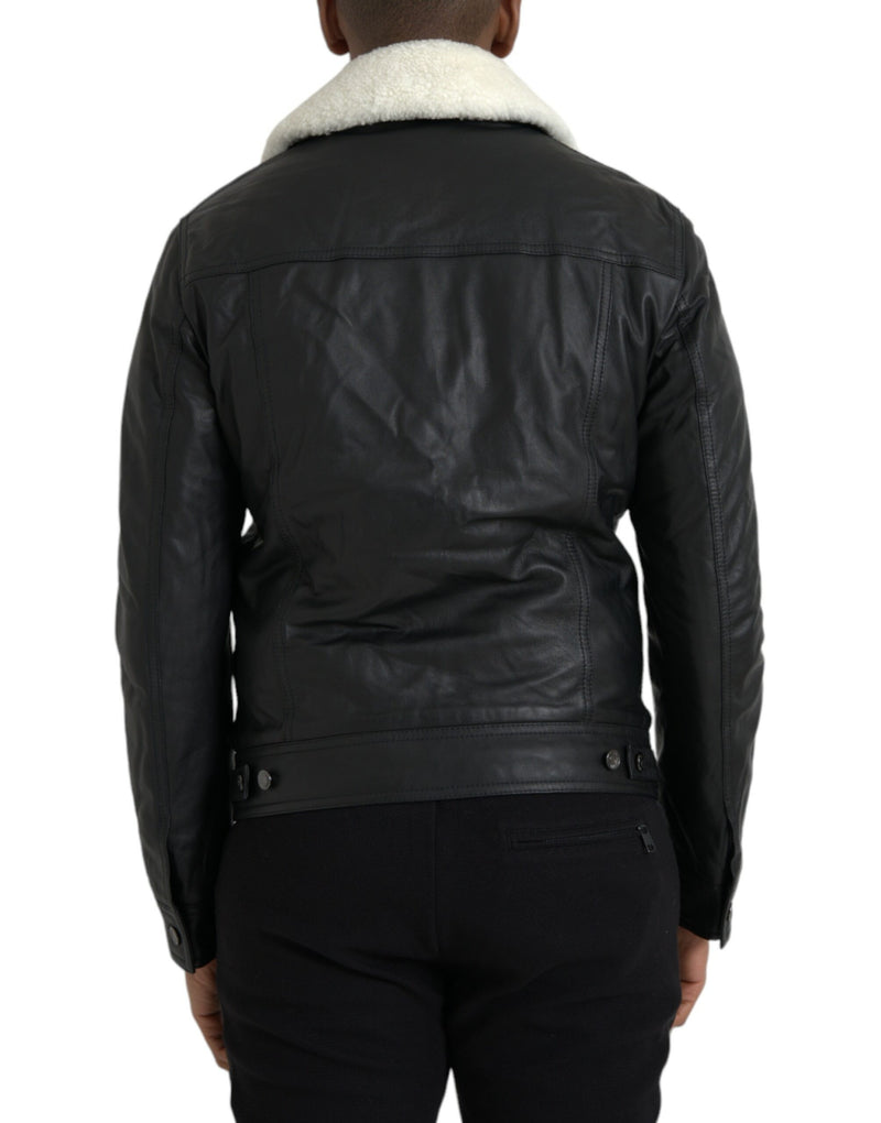 Black Leather Fur Collar Biker Coat Jacket Dolce & Gabbana